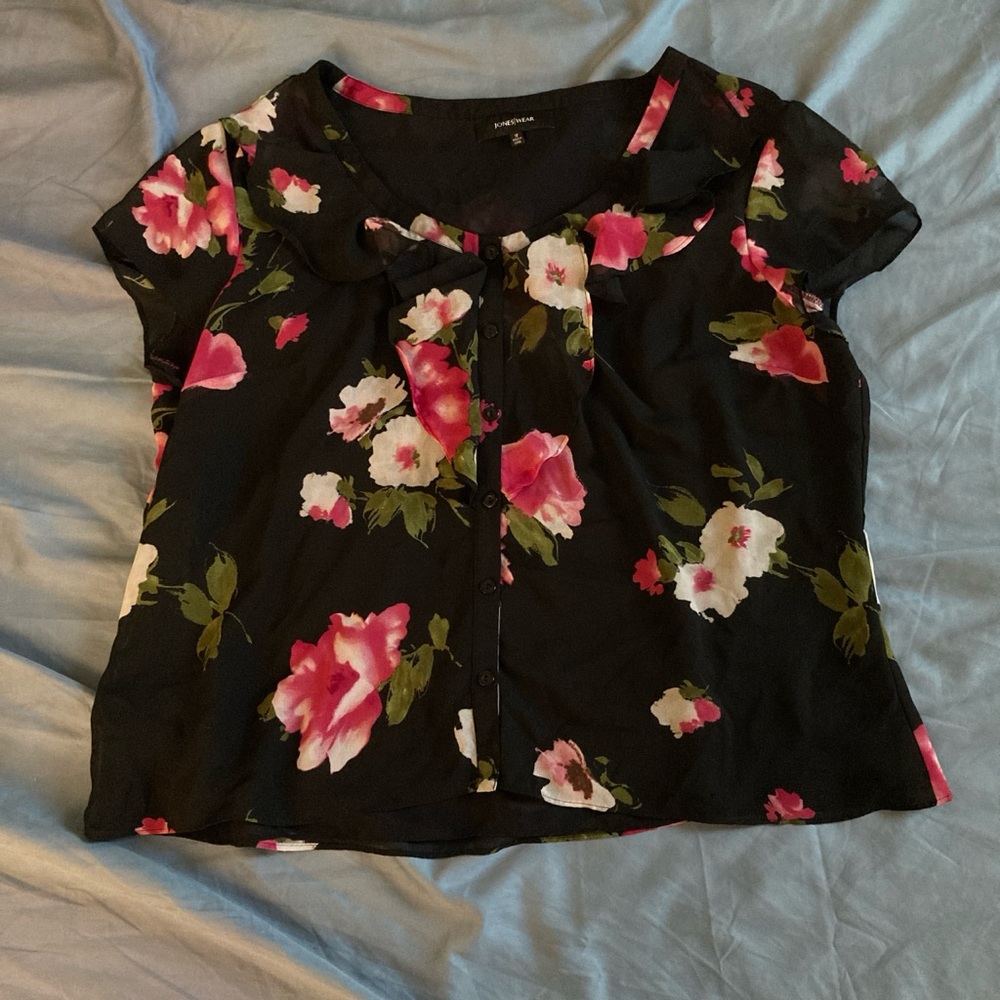 Women's Jones Wear Black Pink Floral Ruffle Sheer Shirt Top Blouse
